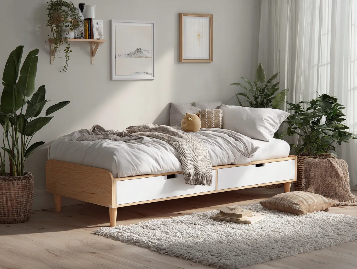 Lit simple en bois clair et blanc - 90x200 cm - avec tiroirs de rangement-Nestoliq