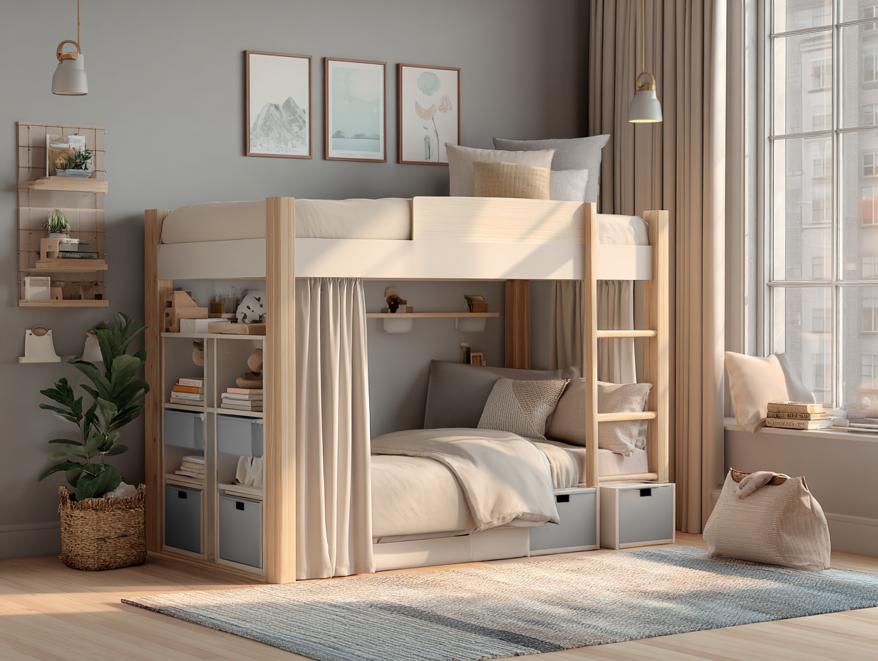 Lit mezzanine avec double couchage 210x150x185 cm - bois clair et blanc - avec rangements intégrés - style scandinave-Nestoliq