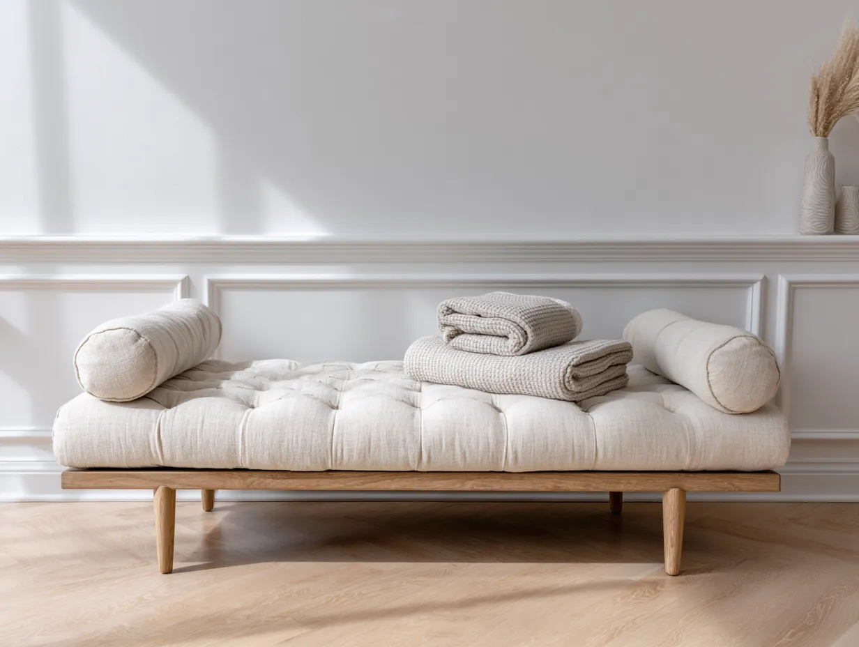 Banquette lit de jour en lin beige avec matelas capitonné et coussins cylindriques - 190x80 cm - style moderne-Nestoliq