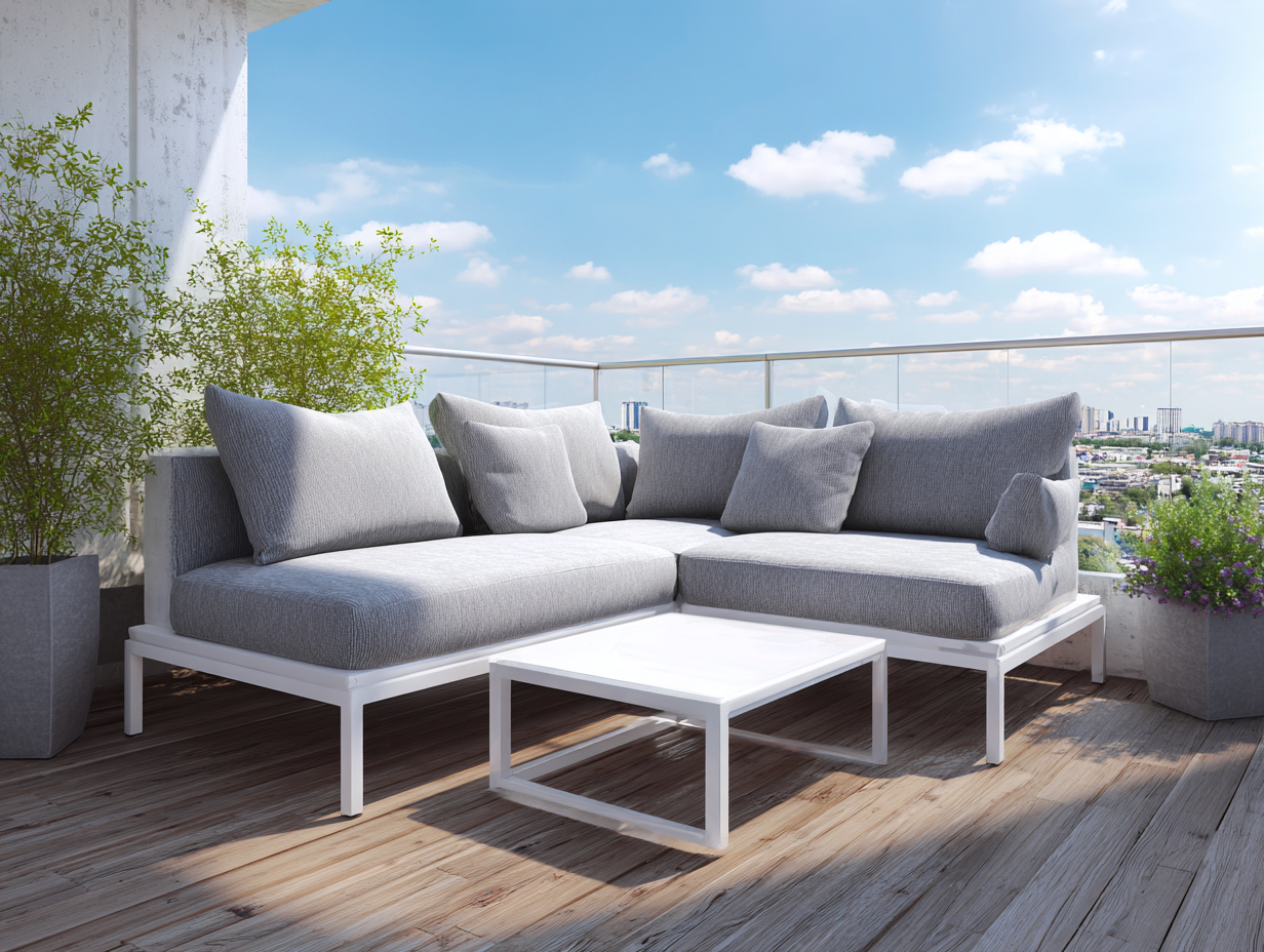 Canapé d'angle de jardin en métal et tissu 250x180x75 cm - gris clair/blanc - style moderne avec table basse-Nestoliq