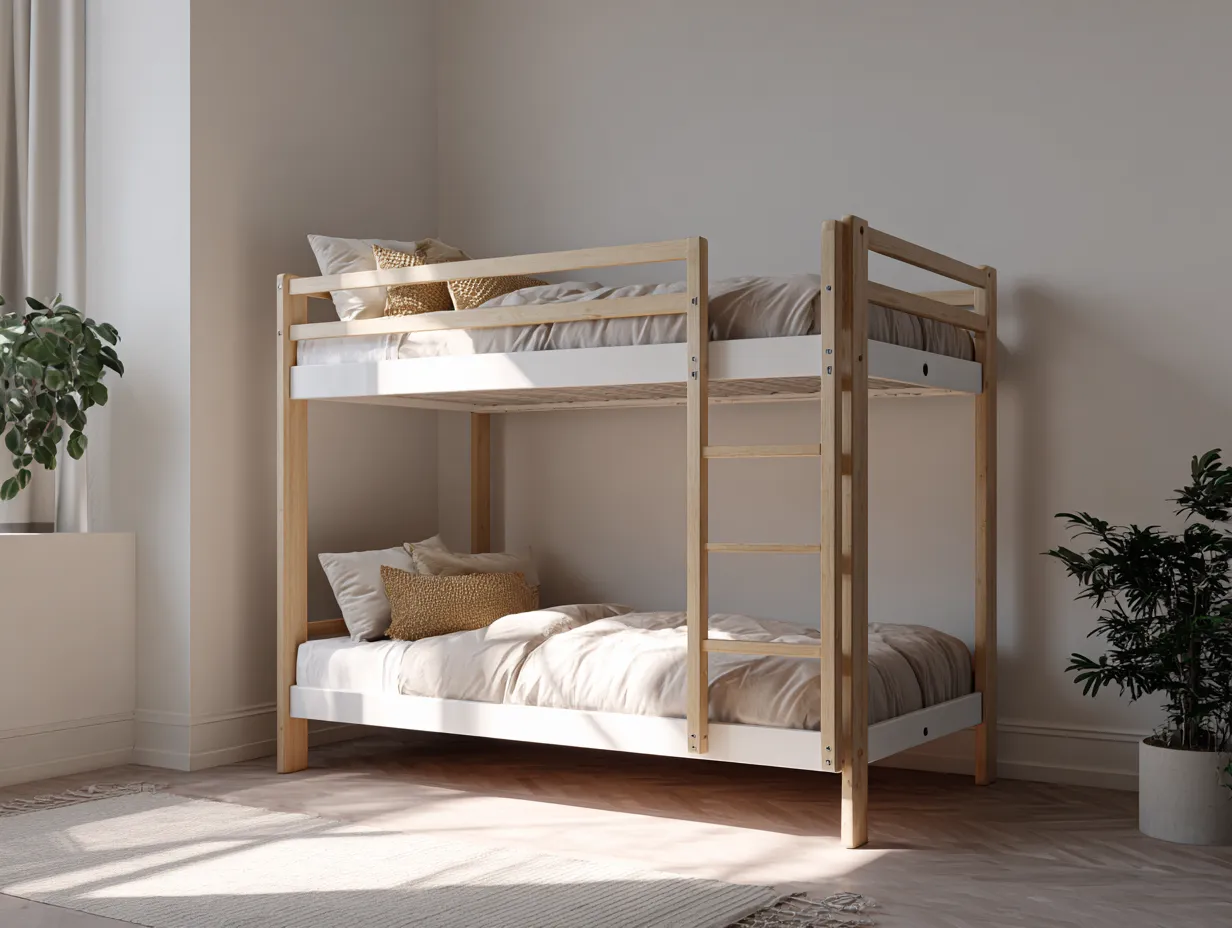 Lit superposé en bois 90x200 cm - blanc et bois clair - style minimaliste-Nestoliq