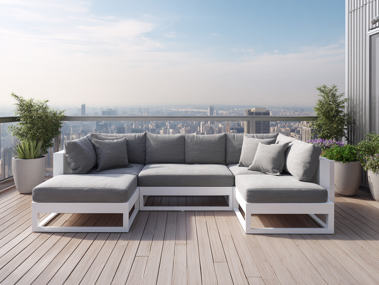 Canapé d'angle de jardin en métal et tissu 280x190x75 cm - gris clair/blanc - style moderne modulable-Nestoliq