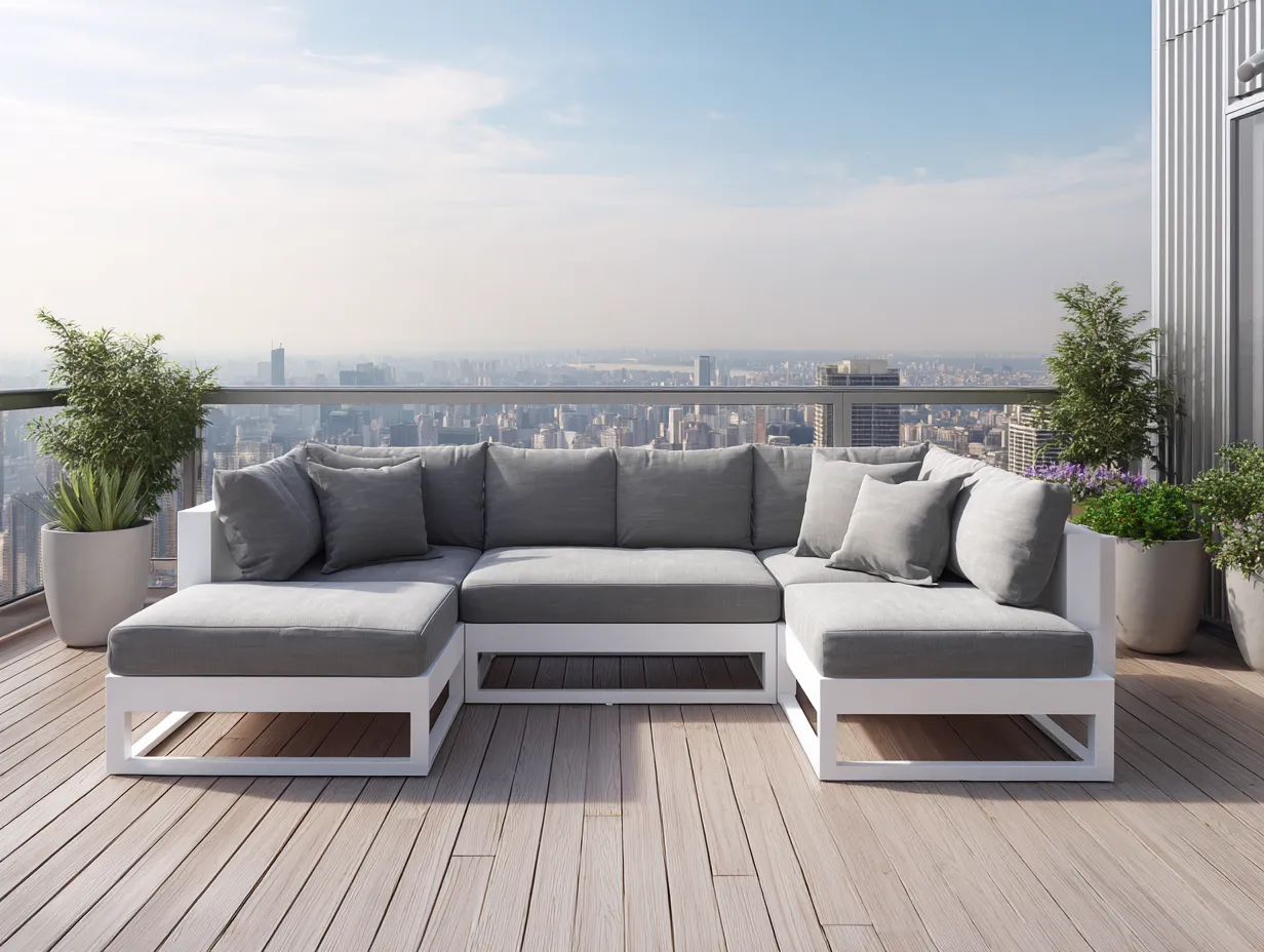 Canapé d'angle de jardin en métal et tissu 280x190x75 cm - gris clair/blanc - style moderne modulable-Nestoliq