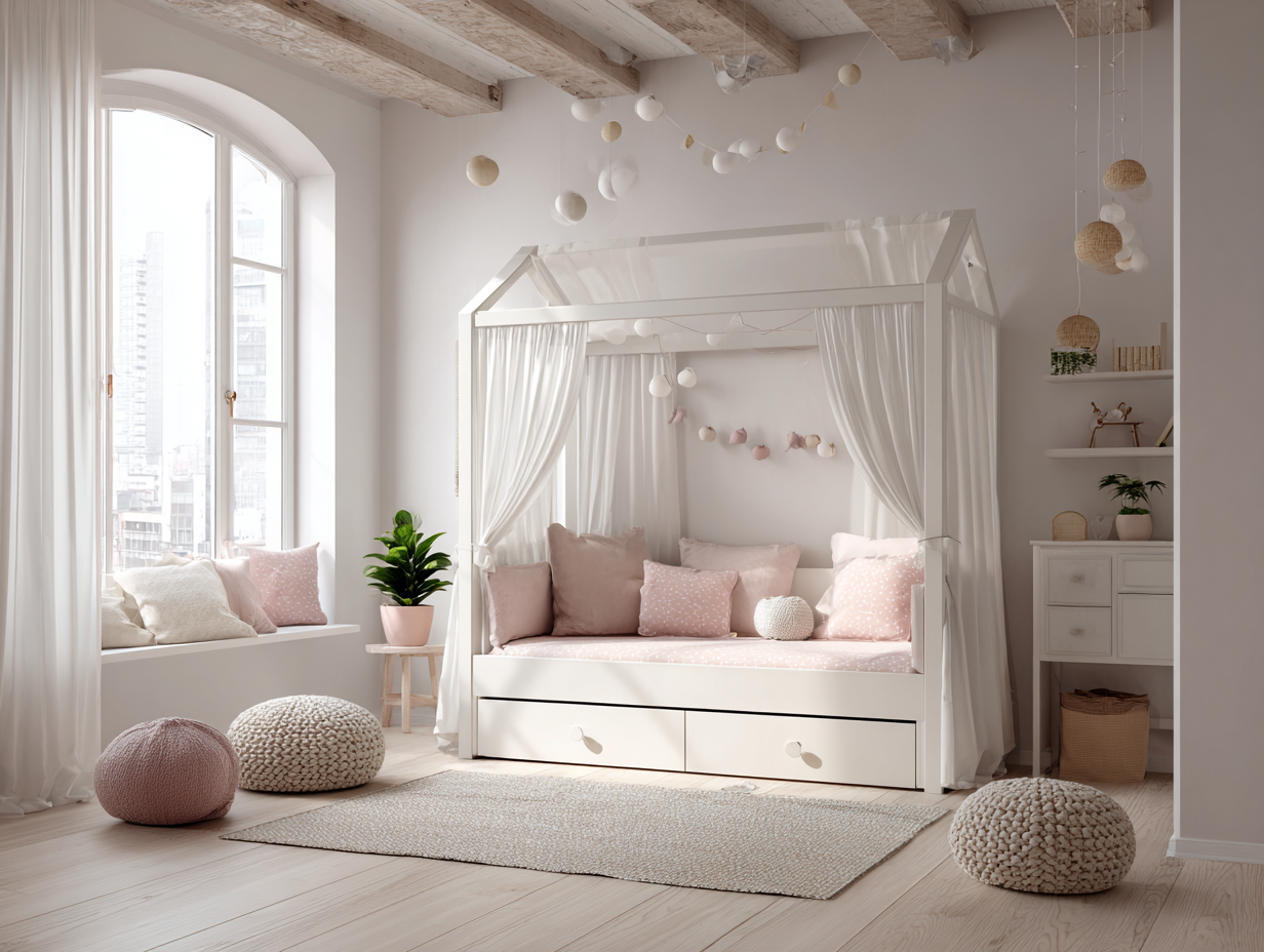 Lit cabane enfant blanc - 90x200 cm - avec rideaux et tiroirs intégrés-Nestoliq