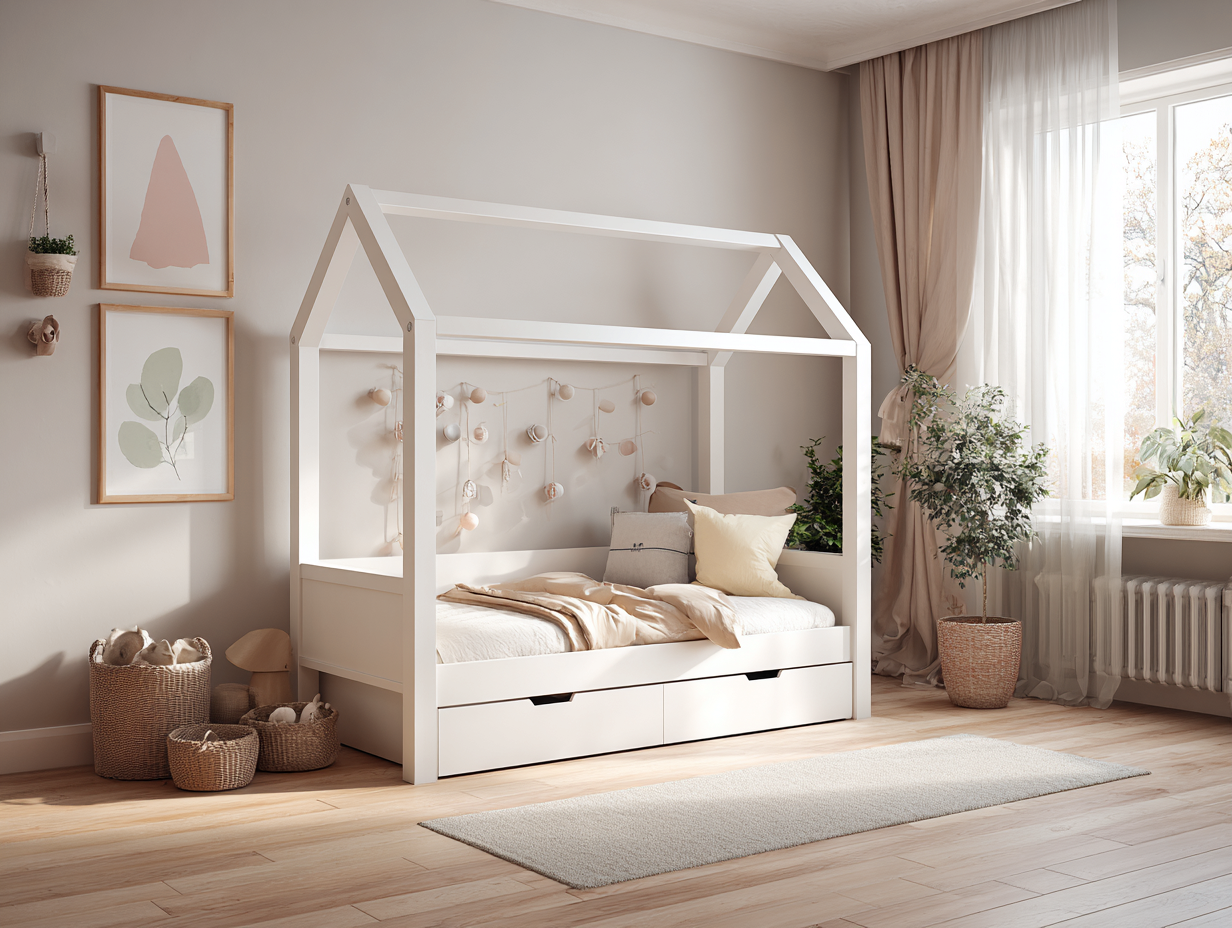 Lit cabane enfant blanc - 90x200 cm - avec 2 tiroirs de rangement-Nestoliq