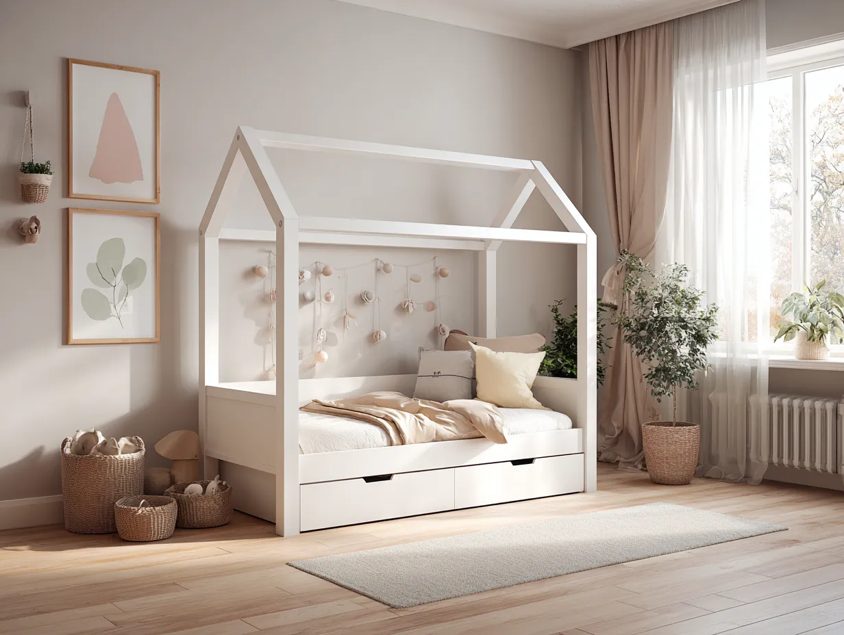 Lit cabane enfant blanc - 90x200 cm - avec 2 tiroirs de rangement-Nestoliq