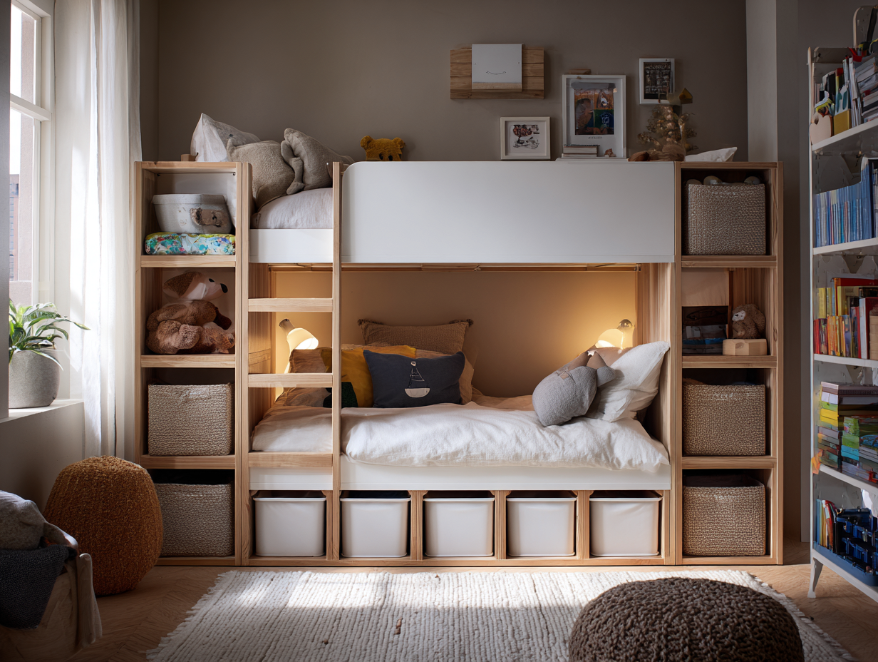 Lit superposé avec rangements intégrés 90x200 cm - bois chêne clair et blanc - avec étagères et casiers-Nestoliq