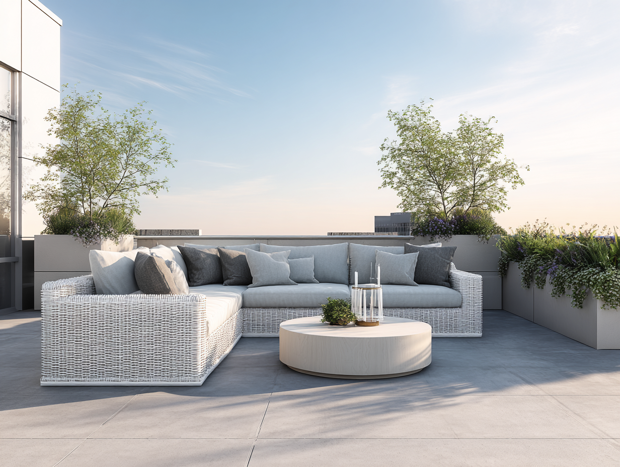 Salon de jardin en résine tressée blanche - gris clair - canapé d'angle moderne avec coussins et table basse ronde-Nestoliq