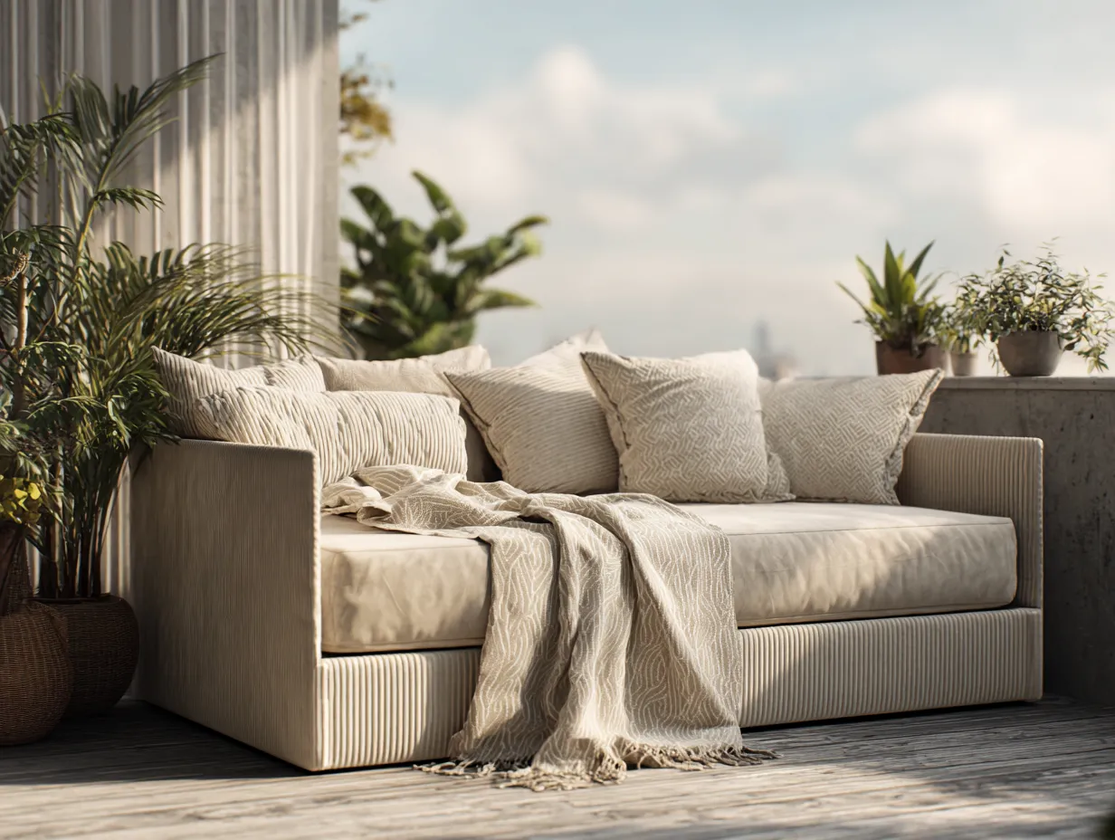 Lit banquette avec lit gigogne - tissu beige rayé 90x200 cm - style moderne minimaliste-Nestoliq