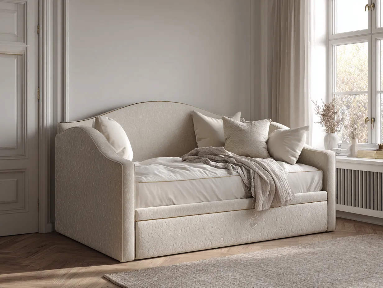 Lit banquette avec lit gigogne - tissu beige 90x200 cm - style classique élégant-Nestoliq