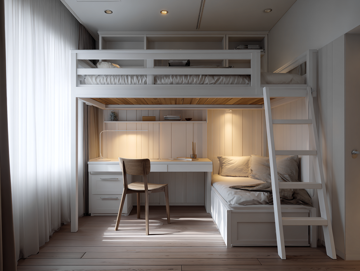 Lit mezzanine en bois 200x140 cm - blanc - avec bureau intégré lit inférieur et rangements-Nestoliq