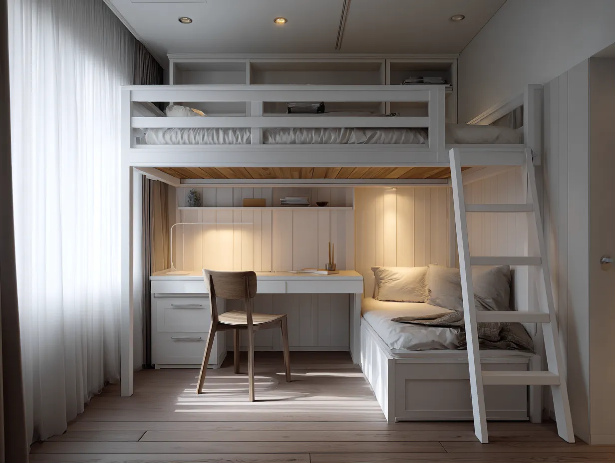 Lit mezzanine en bois 200x140 cm - blanc - avec bureau intégré lit inférieur et rangements-Nestoliq