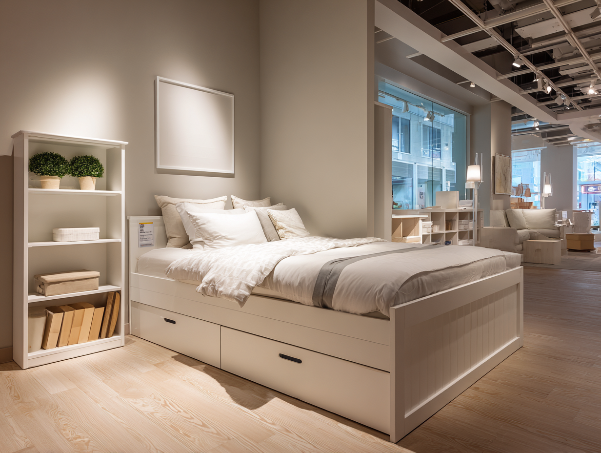 Lit simple avec rangements 210x100x95 cm - blanc - avec 2 tiroirs et étagère ouverte - style moderne épuré-Nestoliq