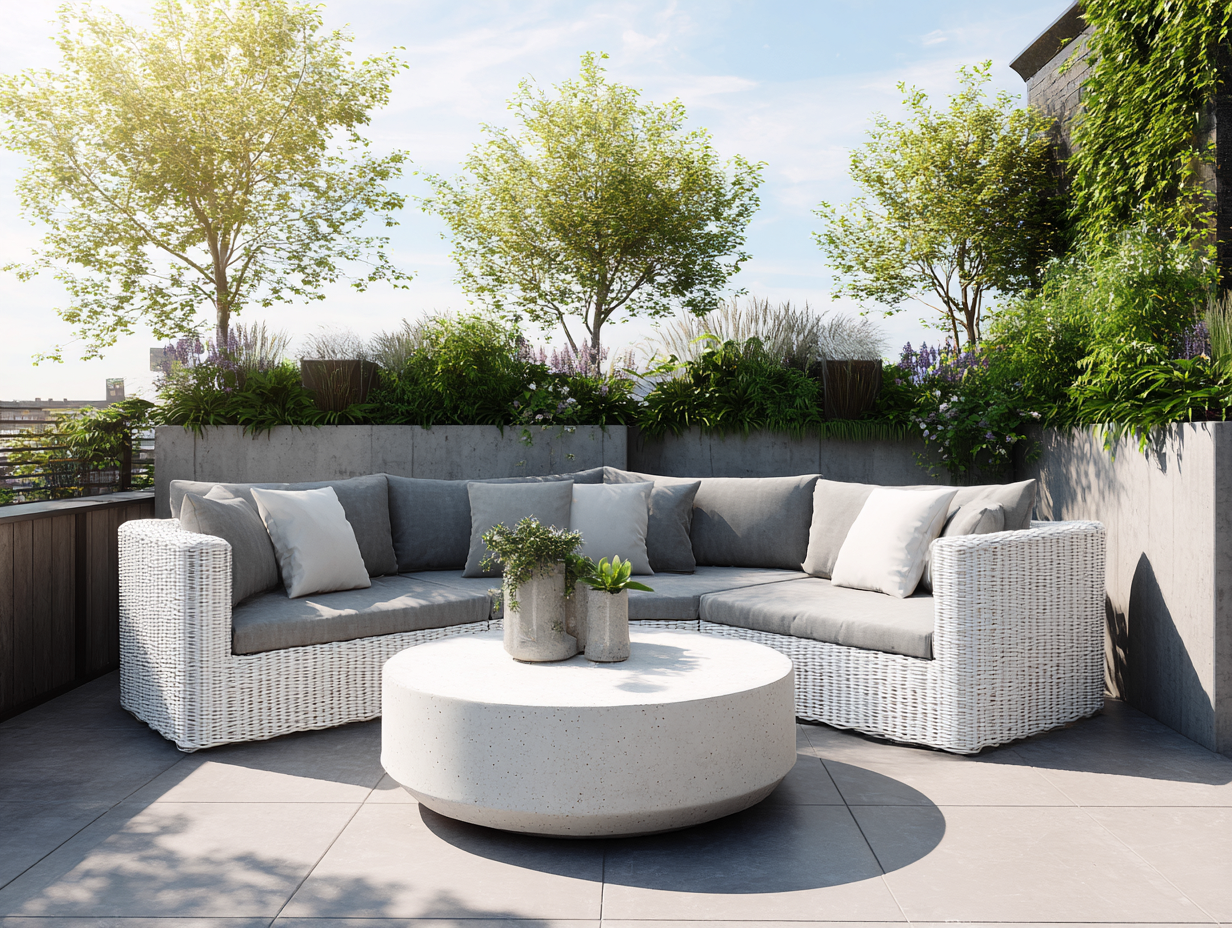 Salon de jardin d'angle en résine tressée blanche - gris clair - avec coussins confortables et table basse ronde en béton-Nestoliq