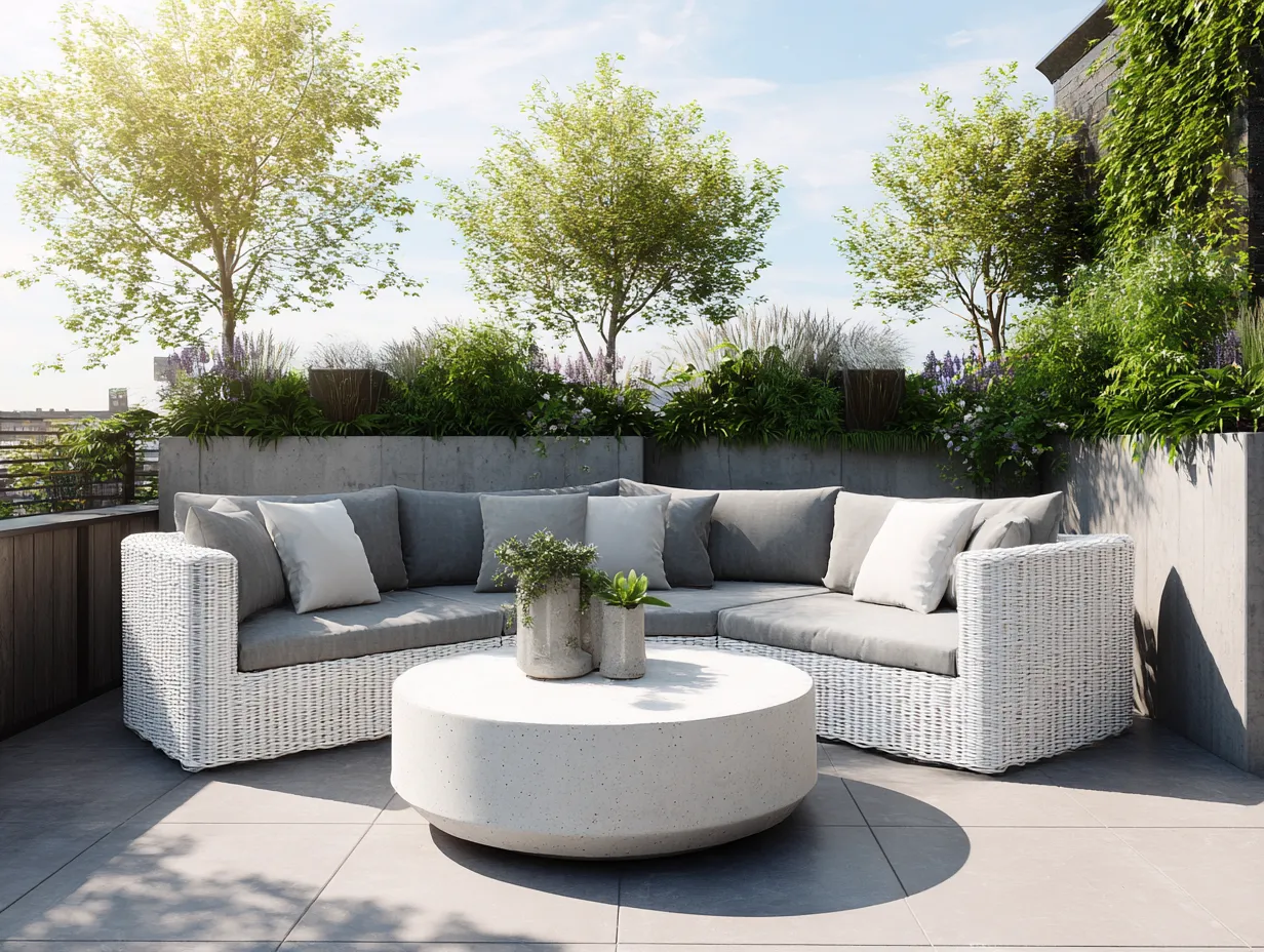 Salon de jardin d'angle en résine tressée blanche - gris clair - avec coussins confortables et table basse ronde en béton-Nestoliq