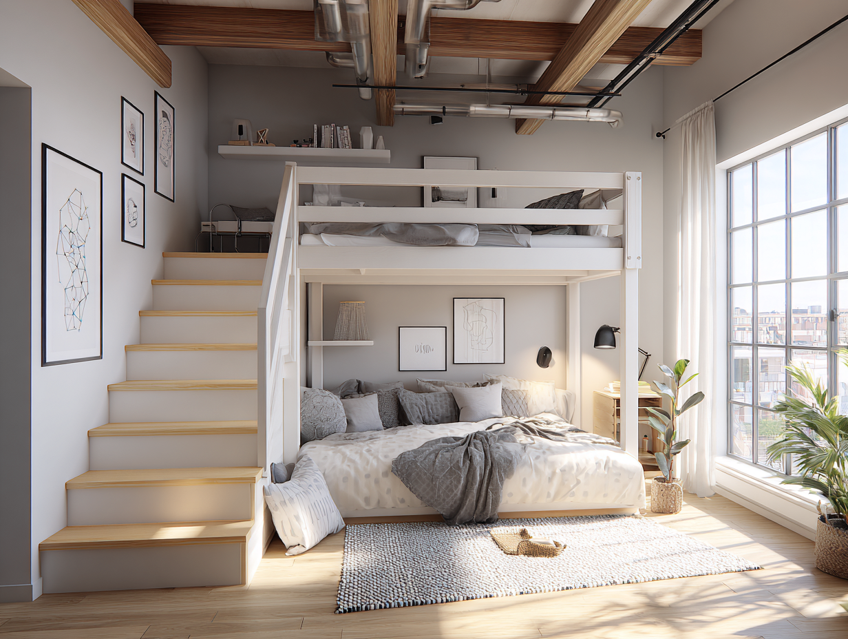 Lit mezzanine avec escalier et double couchage 220x165x195 cm - bois clair et blanc - avec structure robuste - style scandinave-Nestoliq