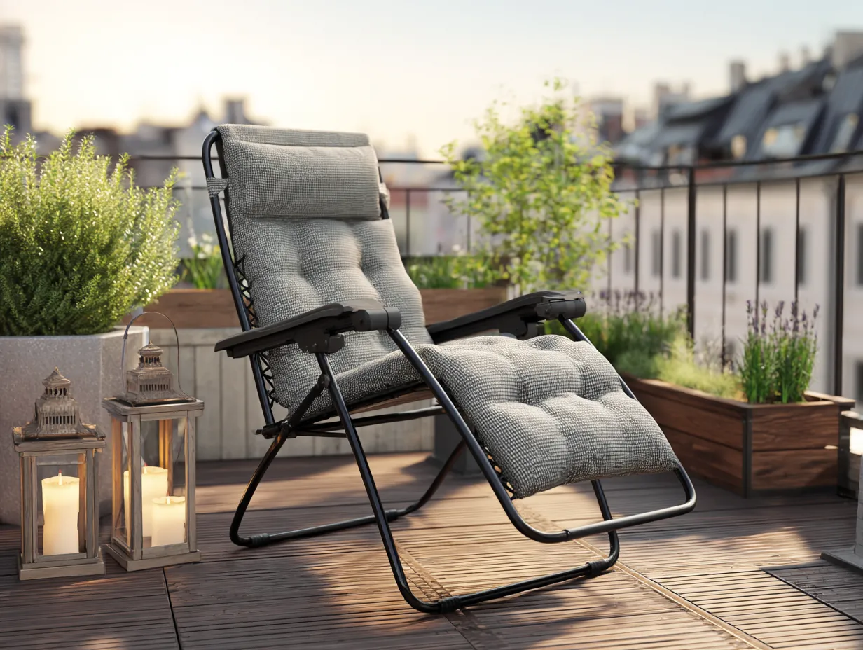 Chaise longue zéro gravité 165x65x110 cm - structure noire et coussin gris - usage extérieur confortable-Nestoliq