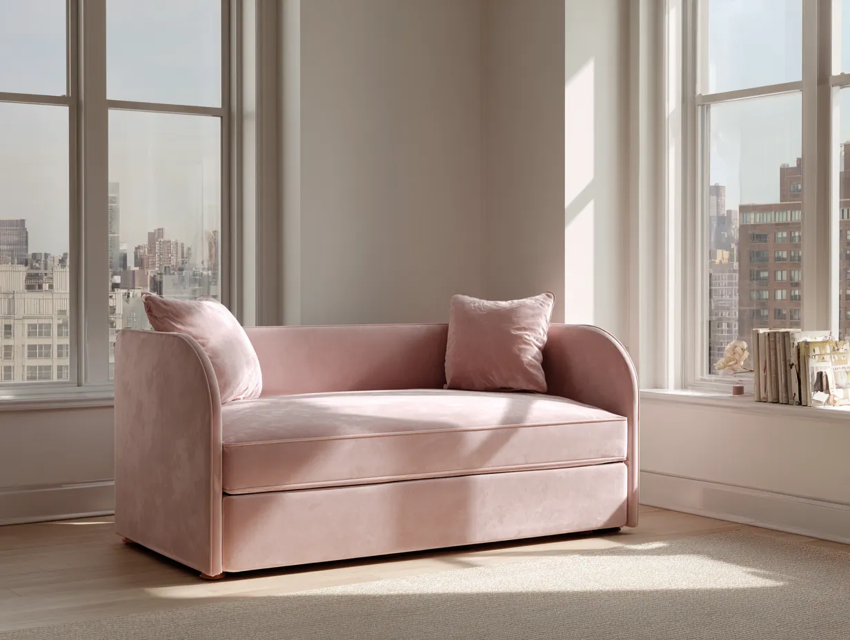 Lit banquette avec lit gigogne - tissu velours rose poudré 90x200 cm - design minimaliste moderne-Nestoliq