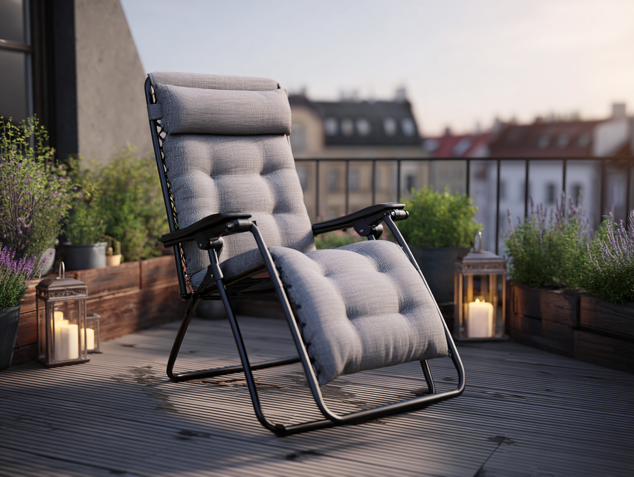 Chaise longue zéro gravité 110x65x95 cm - structure noire et coussin gris épais - usage extérieur relax-Nestoliq