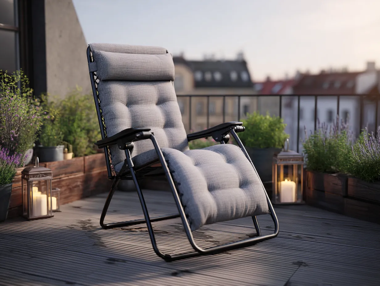 Chaise longue zéro gravité 110x65x95 cm - structure noire et coussin gris épais - usage extérieur relax-Nestoliq