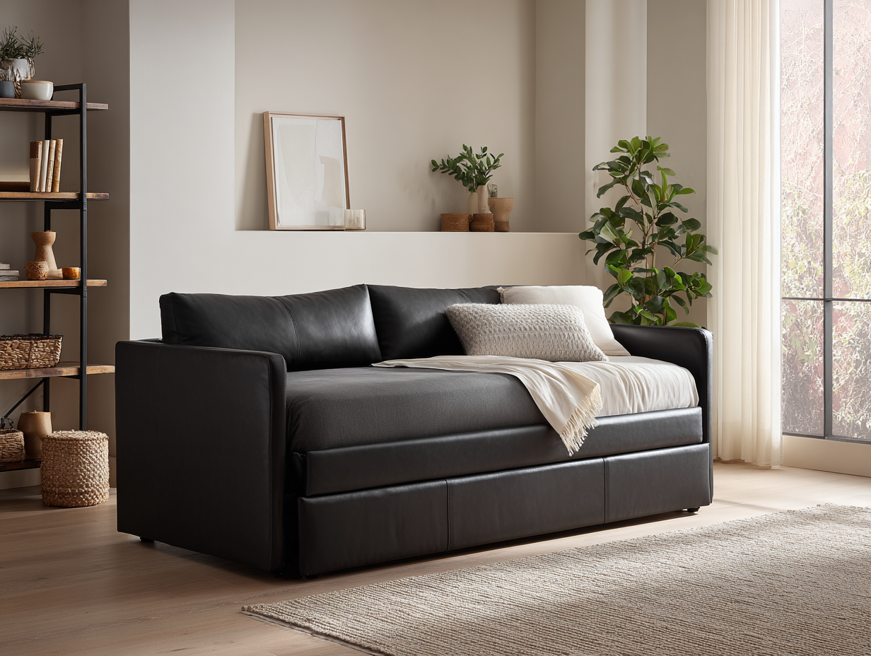 Canapé-lit en similicuir 140x200 cm - noir - avec lit gigogne-Nestoliq