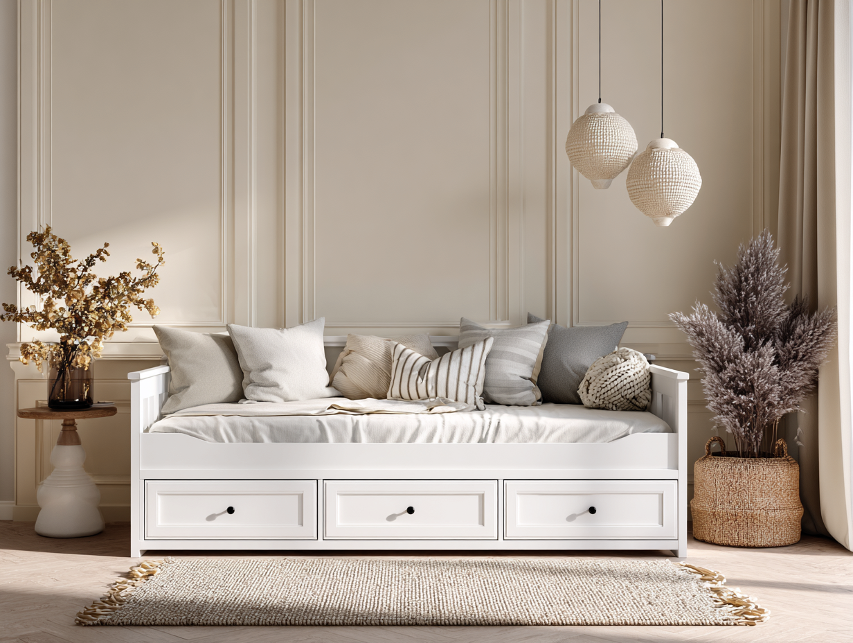 Lit simple en bois 90x190 cm - blanc - avec 3 tiroirs de rangement-Nestoliq