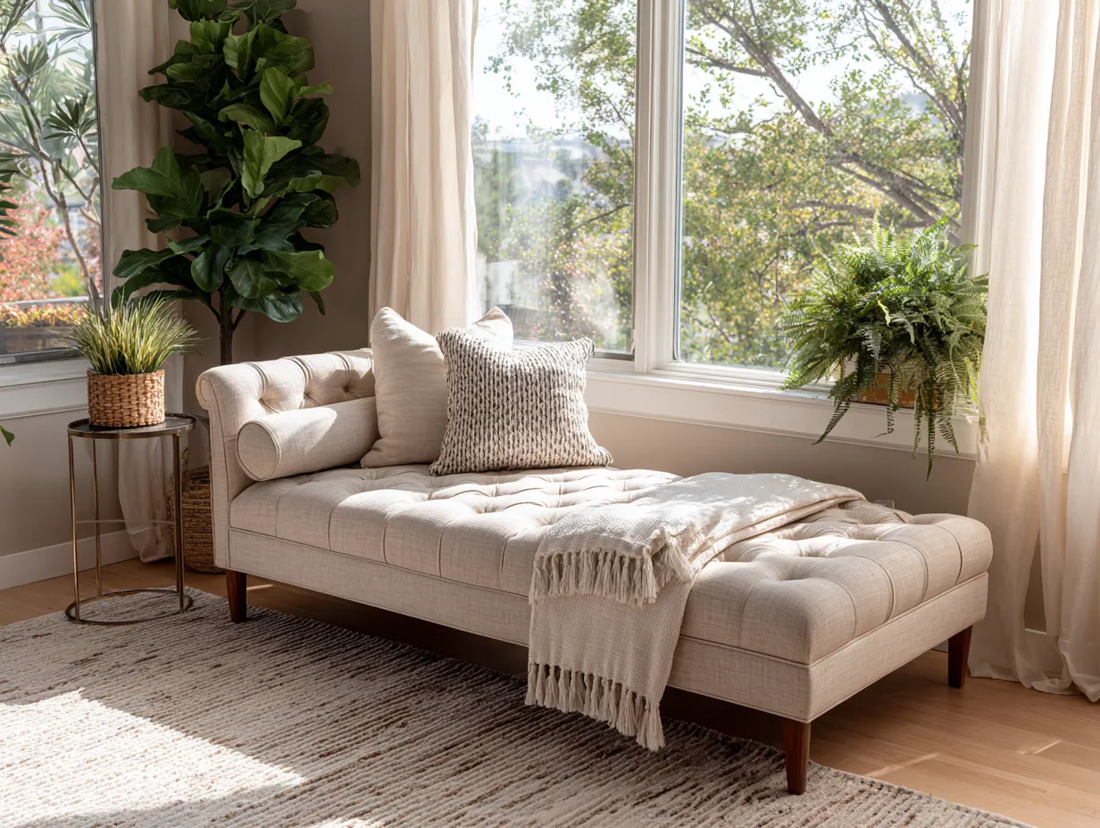 Chaise longue en lin beige - capitonnage élégant - style classique-Nestoliq