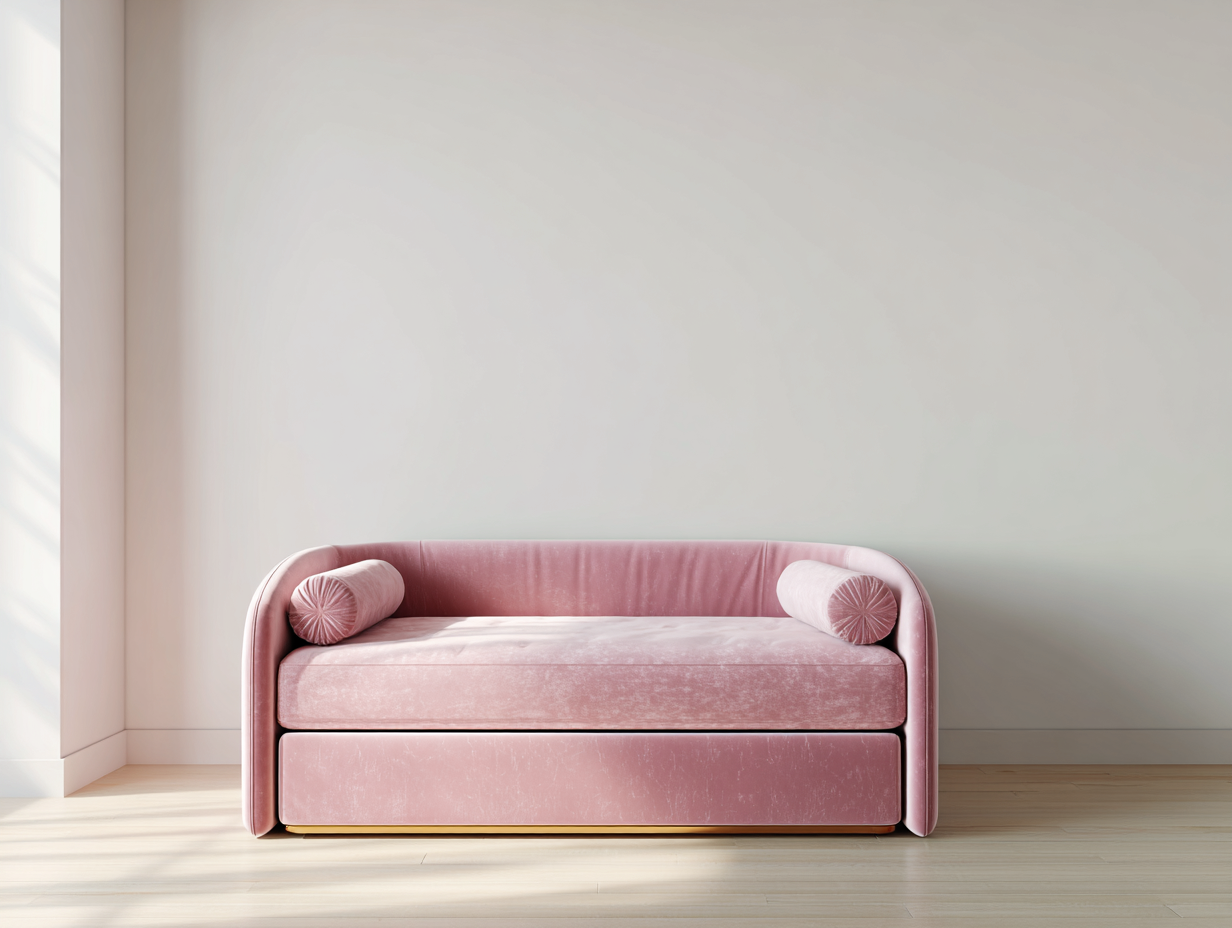 Lit banquette avec lit gigogne - velours rose 90x200 cm - coussins cylindriques design moderne-Nestoliq
