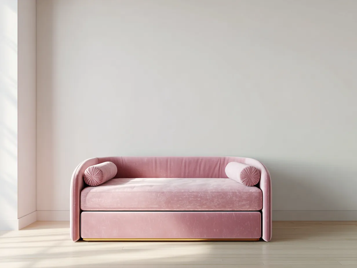 Lit banquette avec lit gigogne - velours rose 90x200 cm - coussins cylindriques design moderne-Nestoliq
