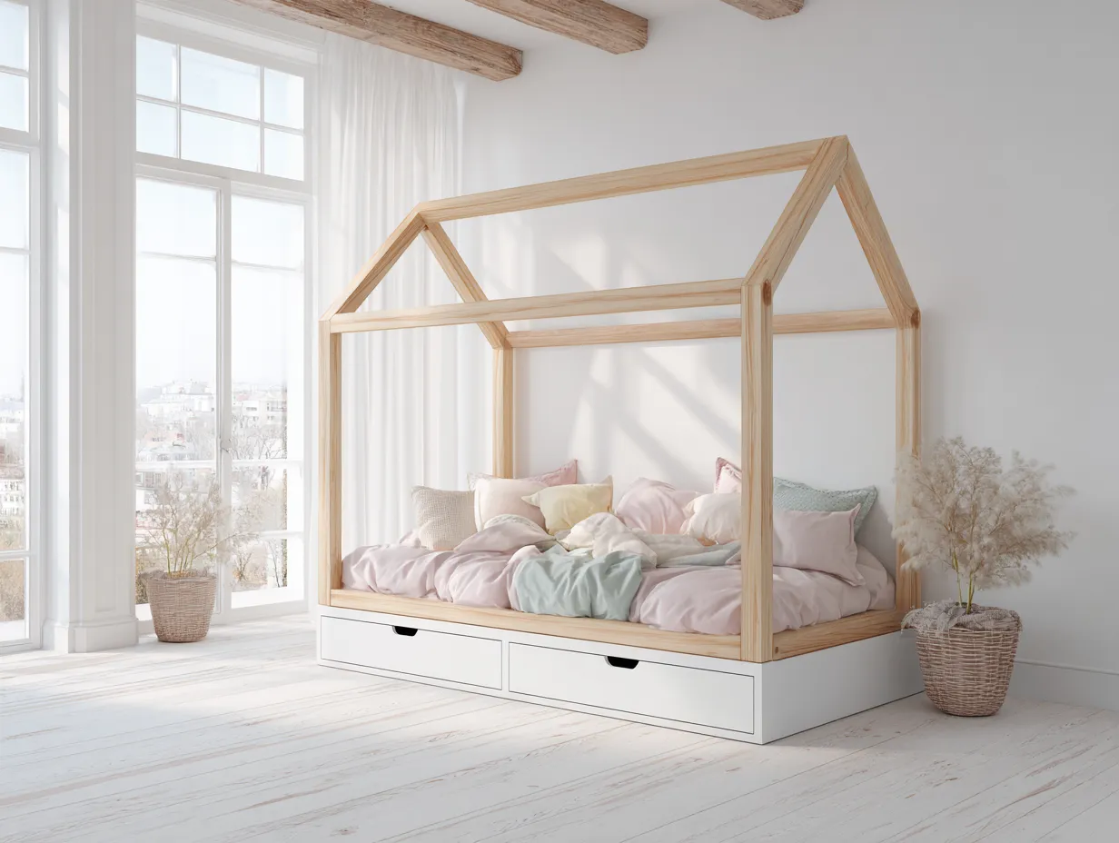 Lit cabane en bois scandinave 140x200 cm - avec tiroirs - cadre ouvert-Nestoliq