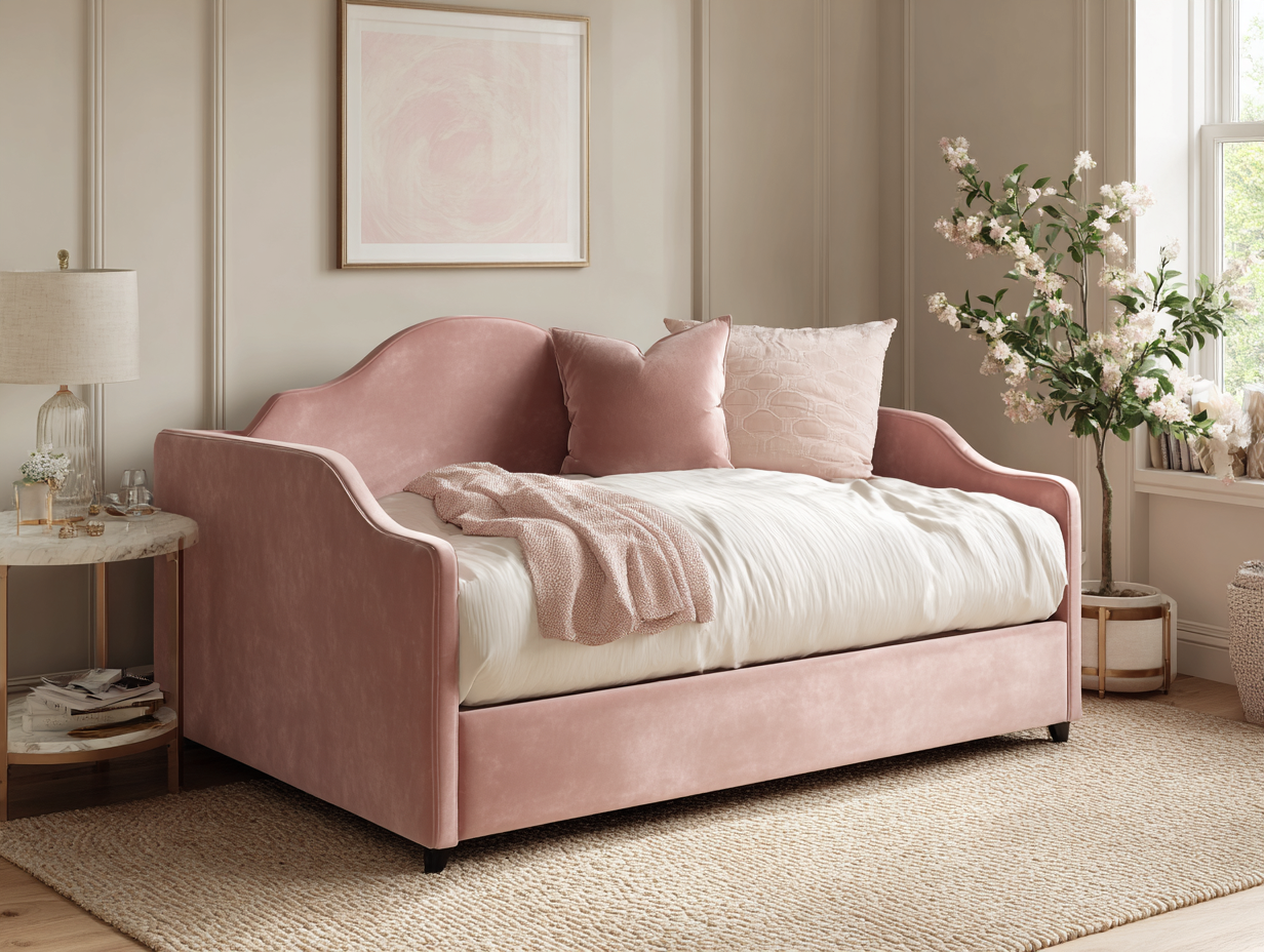 Lit banquette avec lit gigogne - tissu velours rose 90x200 cm - style romantique élégant-Nestoliq