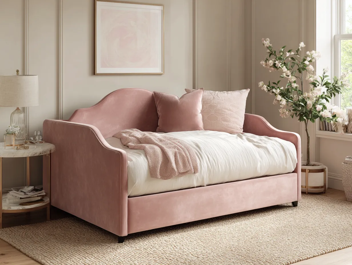 Lit banquette avec lit gigogne - tissu velours rose 90x200 cm - style romantique élégant-Nestoliq