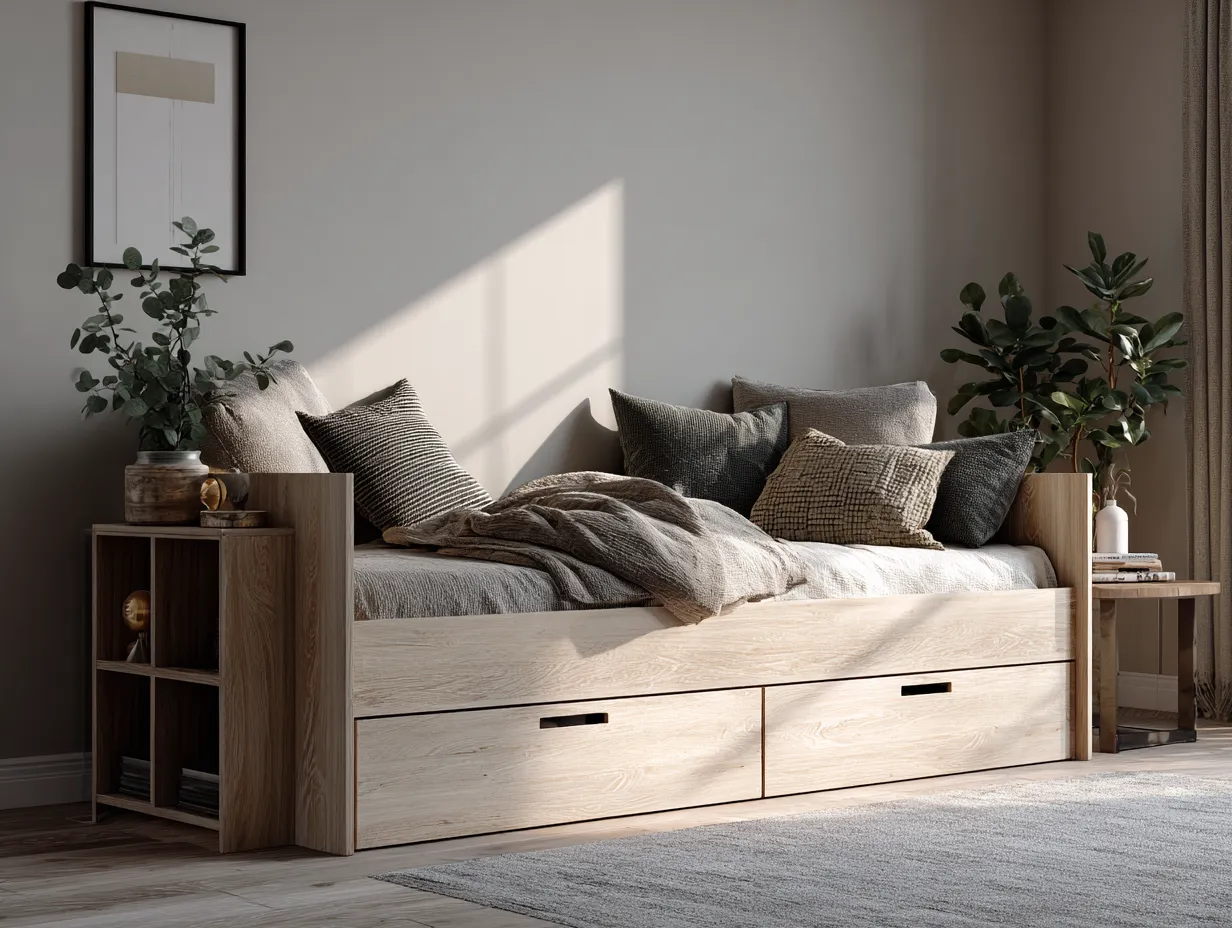 Lit simple en bois clair avec tiroirs de rangement - 200x100 cm - style contemporain-Nestoliq