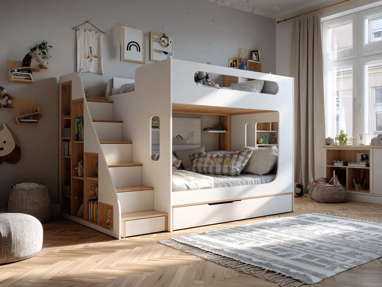 Lit superposé moderne en bois blanc avec escaliers de rangement et tiroir inférieur - 200x140 cm - style enfant contemporain-Nestoliq