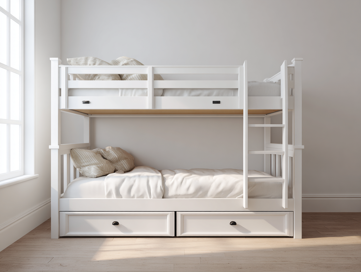 Lit superposé avec tiroirs de rangement - bois massif 90x200 cm - style blanc intemporel-Nestoliq