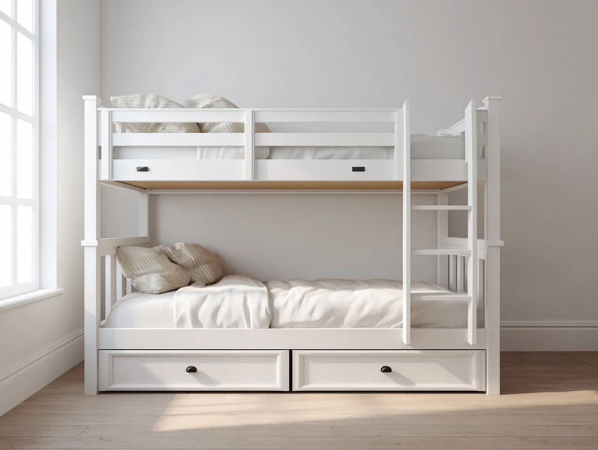 Lit superposé avec tiroirs de rangement - bois massif 90x200 cm - style blanc intemporel-Nestoliq