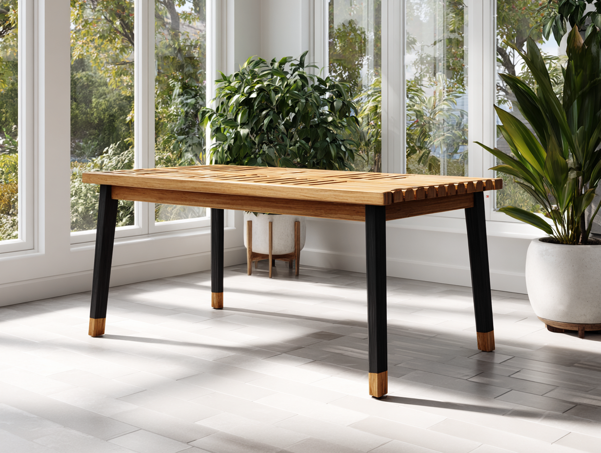 Table de jardin rectangulaire en bois et métal 170x90x75 cm - chêne naturel/noir - style moderne à lattes-Nestoliq