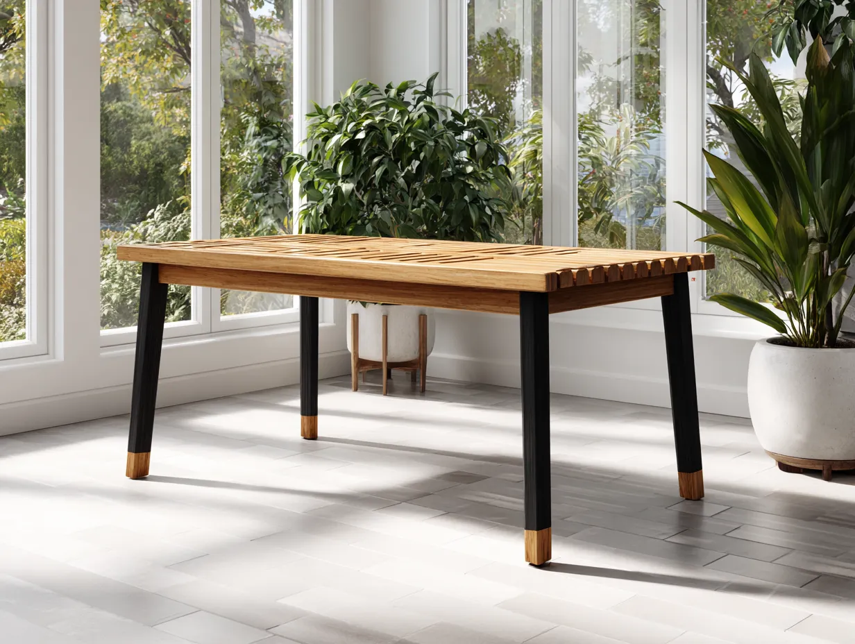 Table de jardin rectangulaire en bois et métal 170x90x75 cm - chêne naturel/noir - style moderne à lattes-Nestoliq