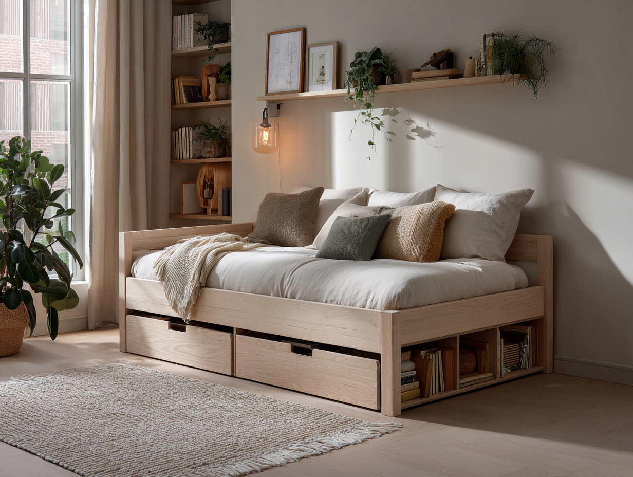 Lit simple en bois clair - 90x200 cm - avec tiroirs et rangements intégrés-Nestoliq