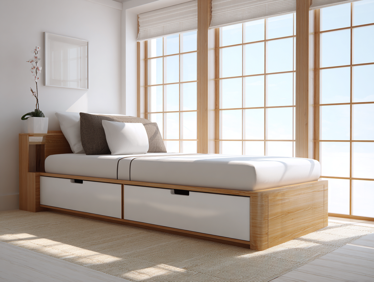 Lit simple avec rangements 200x100x80 cm - bois clair et blanc - avec deux tiroirs intégrés - style scandinave moderne-Nestoliq