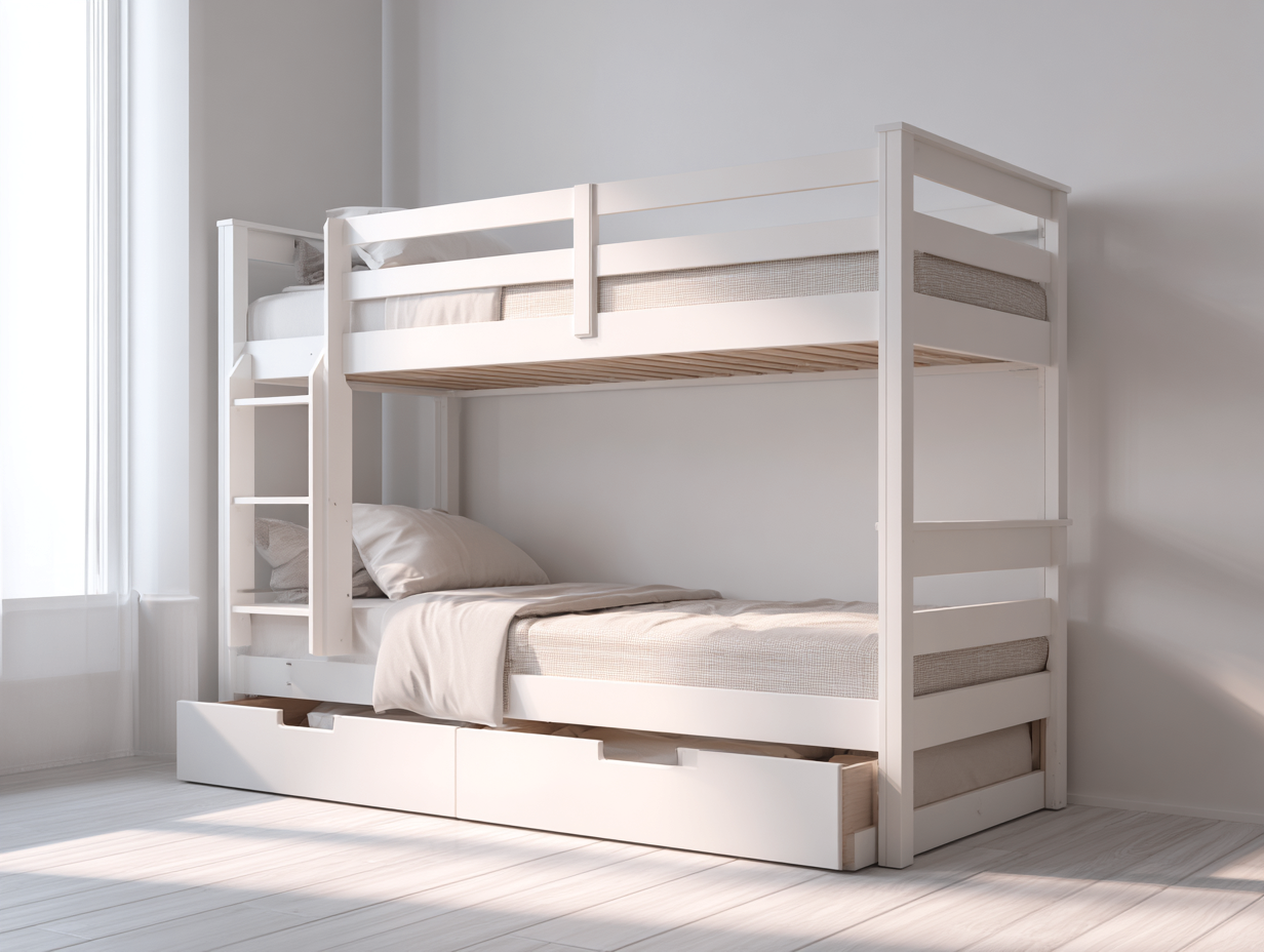 Lit superposé avec tiroirs de rangement - bois massif 90x200 cm - style minimaliste blanc-Nestoliq