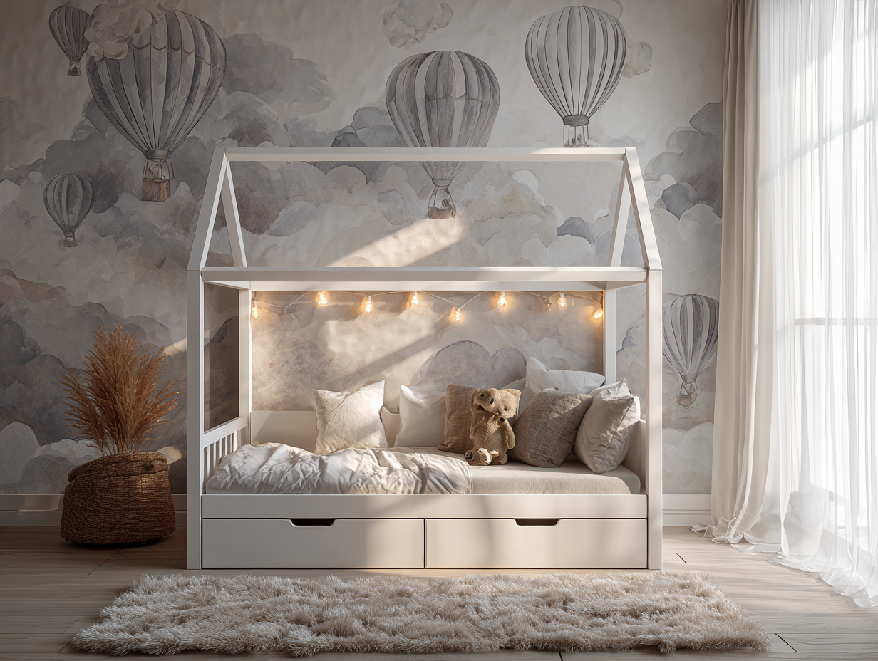 Lit cabane pour enfants 90x200 cm - bois blanc - avec tiroirs de rangement et style maison ouverte-Nestoliq