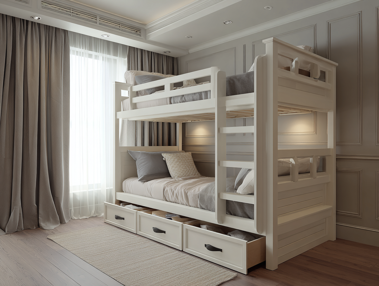 Lit superposé avec rangements tiroirs 90x200 cm - bois blanc - avec échelle intégrée et garde-corps-Nestoliq