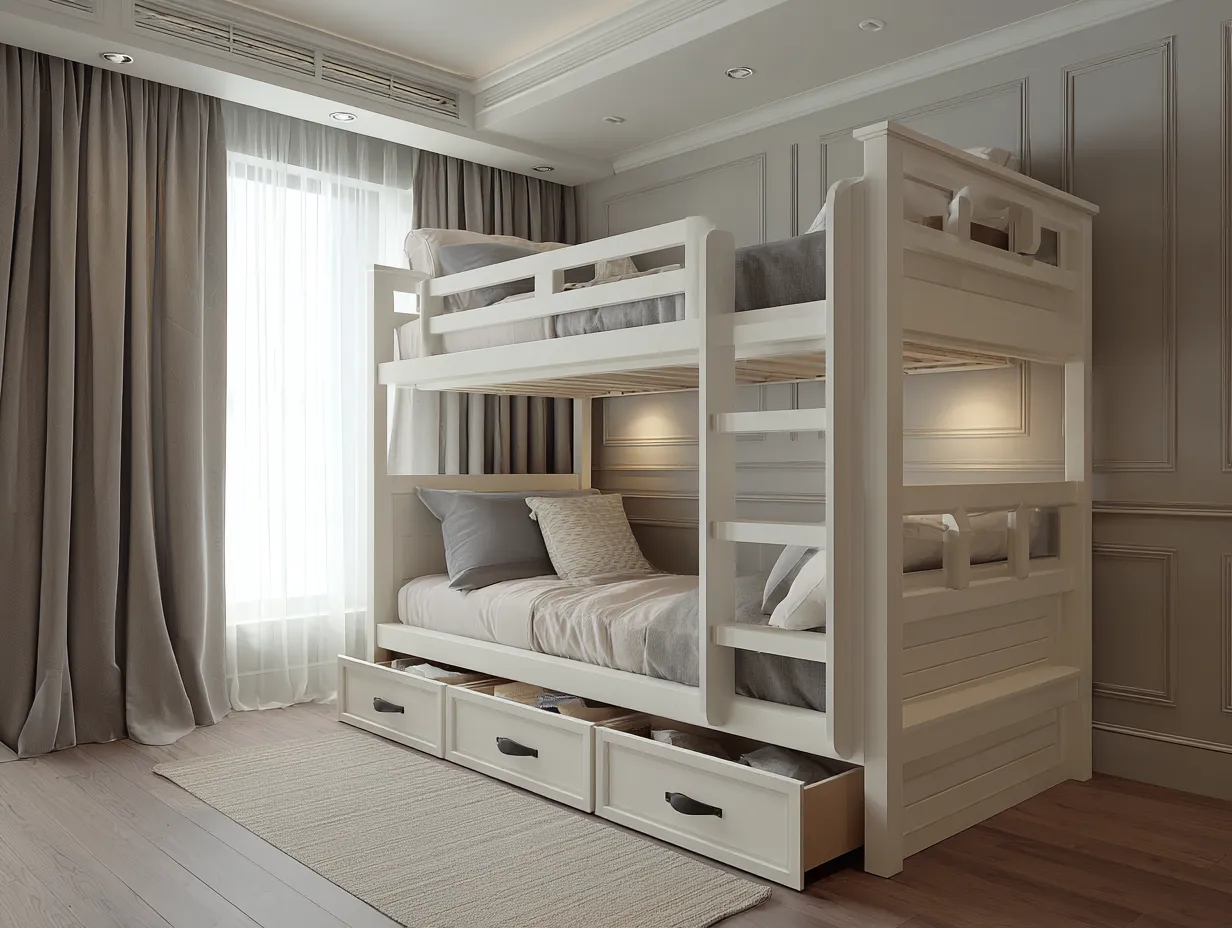 Lit superposé avec rangements tiroirs 90x200 cm - bois blanc - avec échelle intégrée et garde-corps-Nestoliq