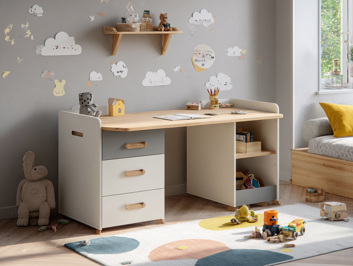 Bureau enfant blanc minimaliste avec rangements 120x55x75 cm - plateau bois naturel-Nestoliq