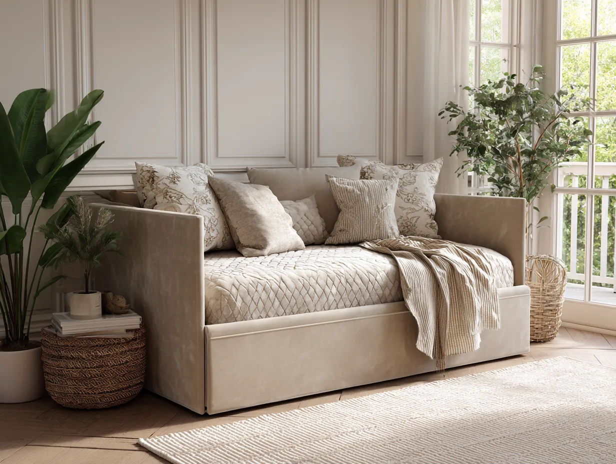 Lit banquette avec lit gigogne - tissu beige uni 90x200 cm - style classique élégant-Nestoliq