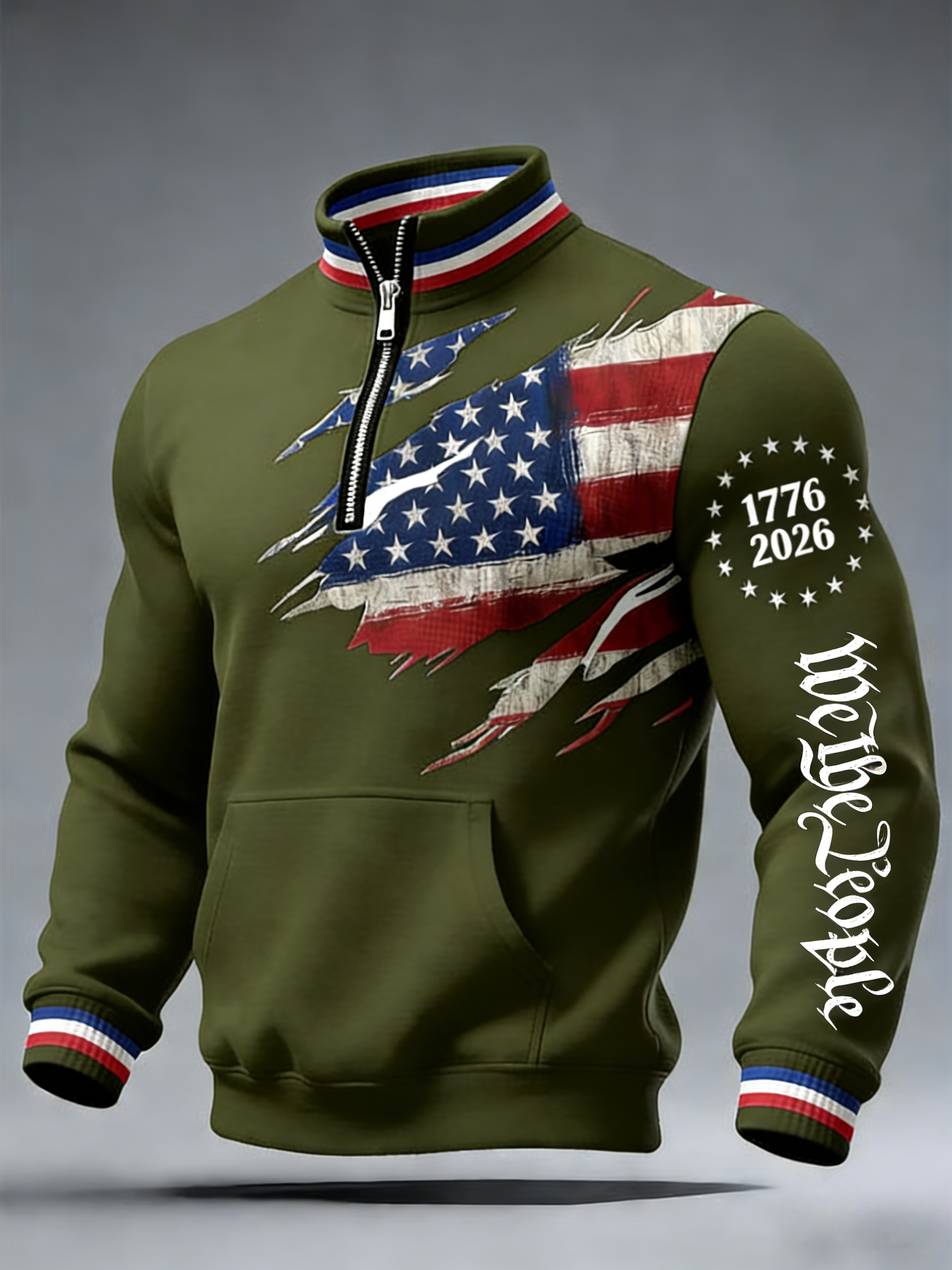 Men's 250th America Anniversary Casual Printed Stand Collar Zip Waffle Sweatshirt