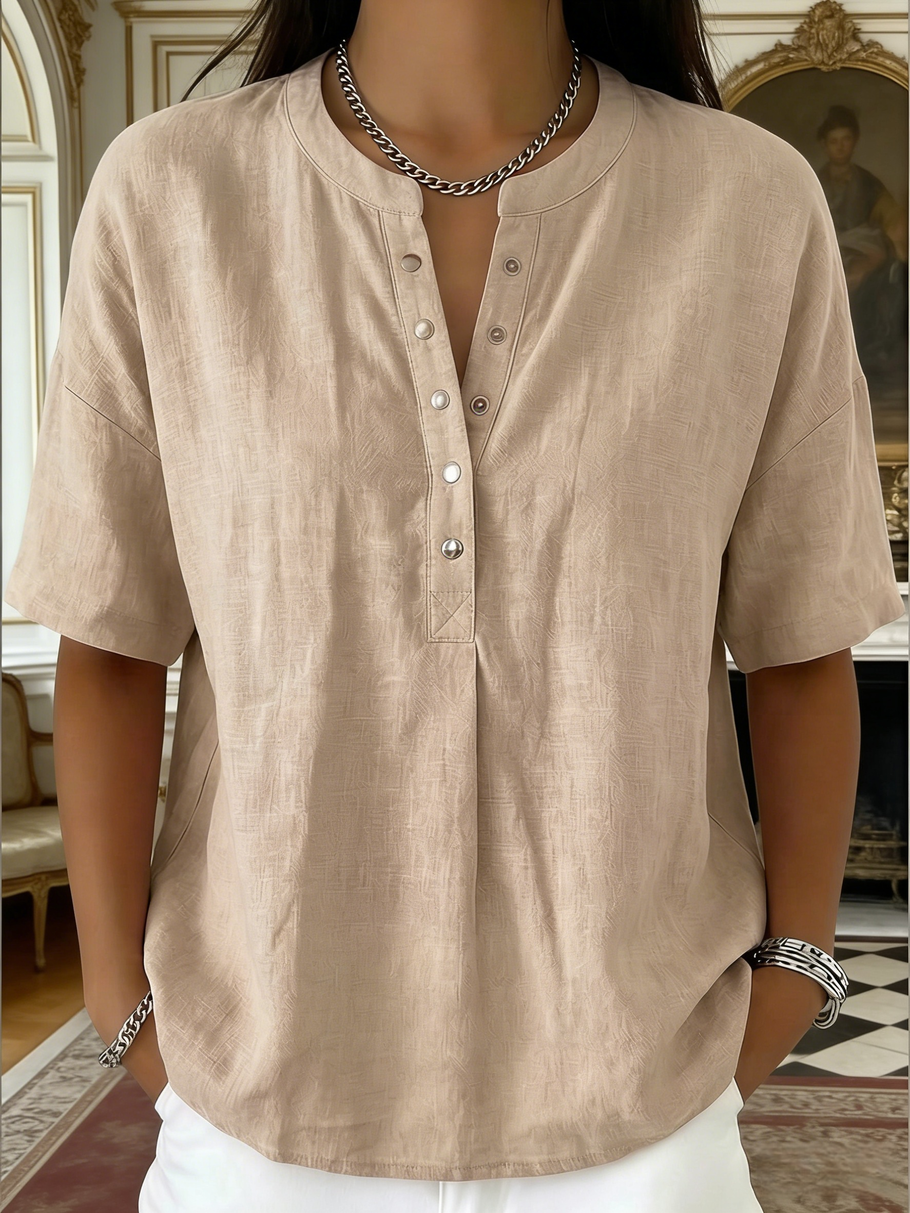 New Arrivals🔥 Women’s Casual Henley Collar Linen And Cotton Short-sleeve Shirt