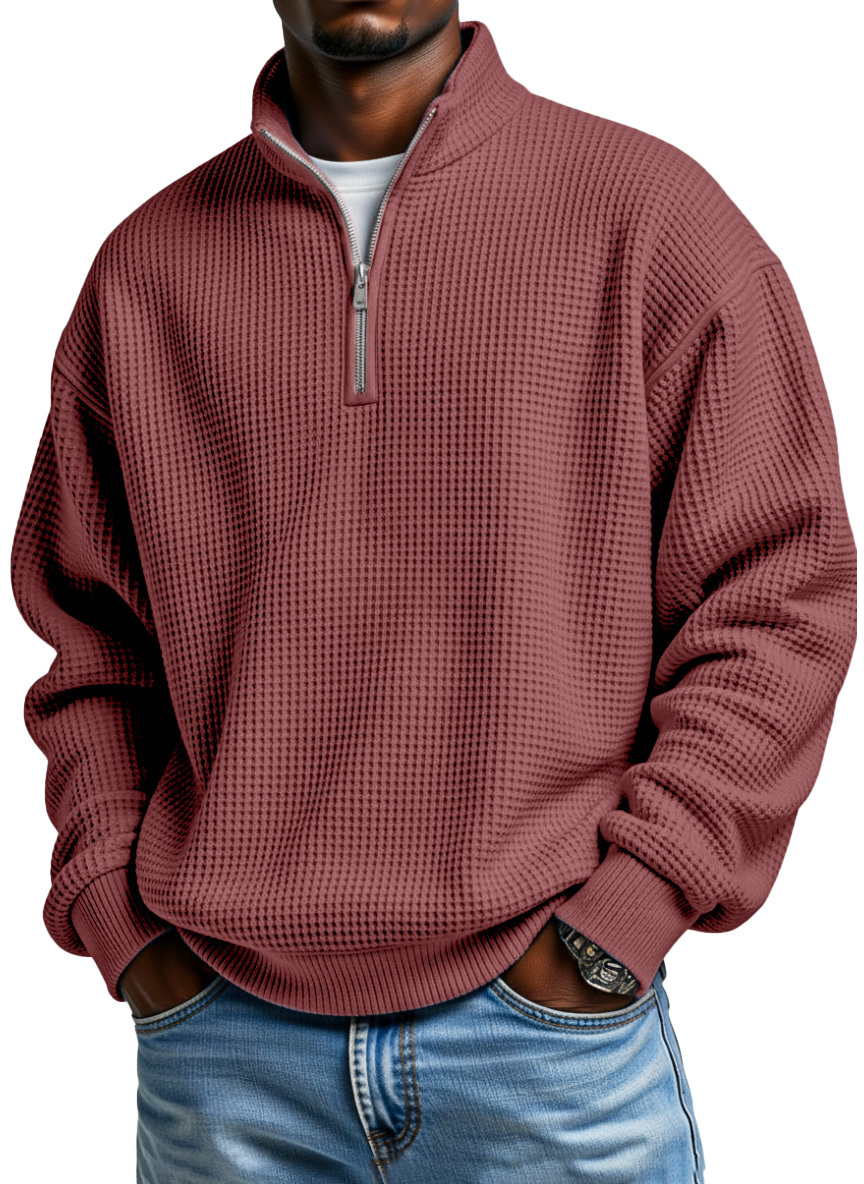 Men's Daily Loose And Simple Waffle Half-zip Stand Collar Long-sleeved Polo Shirt
