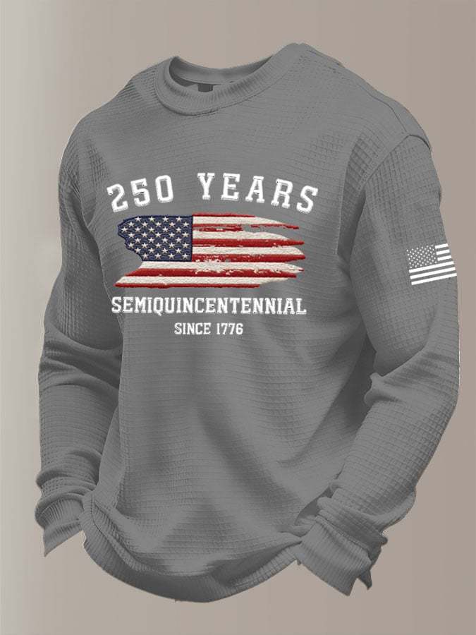 Men's 250th America Anniversary Casual Printed Waffle Fabric Long-Sleeved T-Shirt